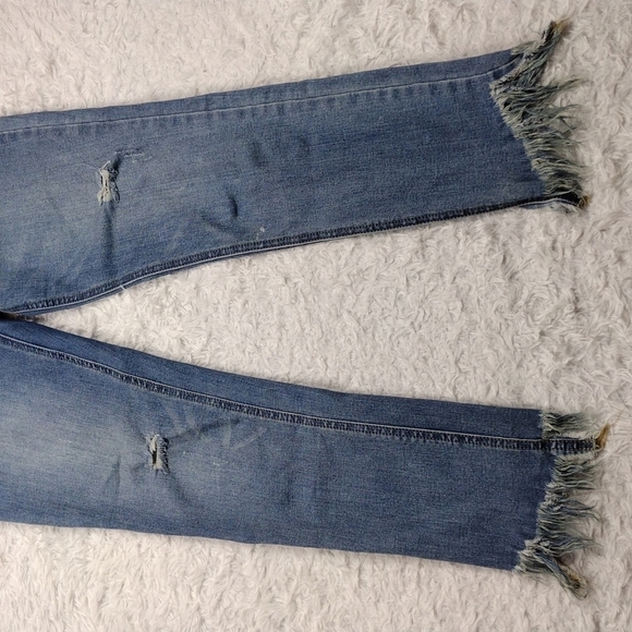 Free People Blue Whiskering Medium Wash Mid Rise Distressed Raw Hem Ankle Jean - Picture 4 of 13